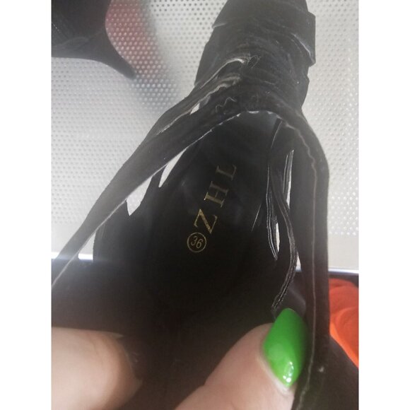 ZHL Black Velvet Gladiator Heels Peep Toe Women's 36 US 6 - Picture 5 of 6